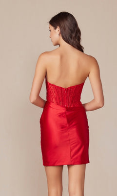 A woman models the Strapless Short Corset Homecoming Dress T870, featuring a fitted red mini silhouette and embroidered corset bodice, standing with her back to the camera against a plain background.