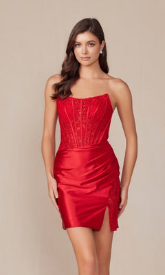 A woman wears the Strapless Short Corset Homecoming Dress T870 by Nox Anabel, featuring a strapless red embroidered corset bodice and satin skirt with side slit, posed against a plain beige background.