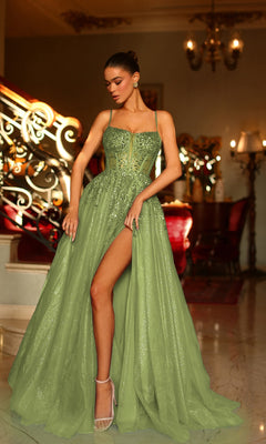 A woman in the Tina Holly TE216 Long Olive Green Prom Ball Gown with a corset bodice stands on a marble floor indoors, with ornate stairs and vintage decor creating an elegant backdrop.