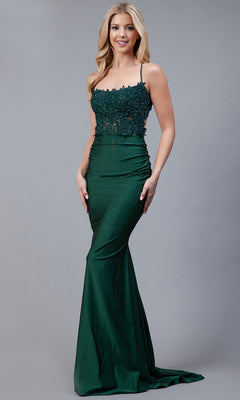 Woman wearing the Long Beaded Prom Dress with Lace Bodice TM1001, featuring a sleeveless, dark green design with a sheer lace bodice and fitted, floor-length skirt.