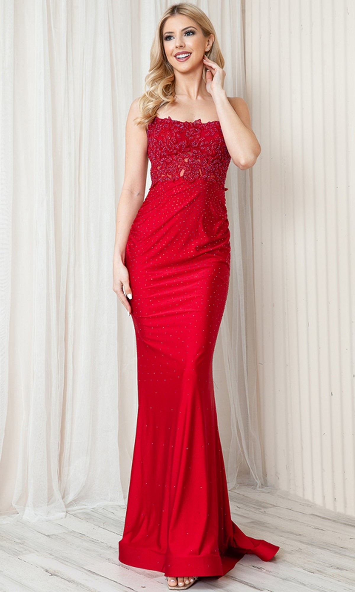 Long Beaded Prom Dress with Lace Bodice TM1001