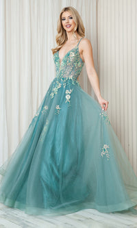 Floral-Embellished Pastel Prom Ball Gown TM1003