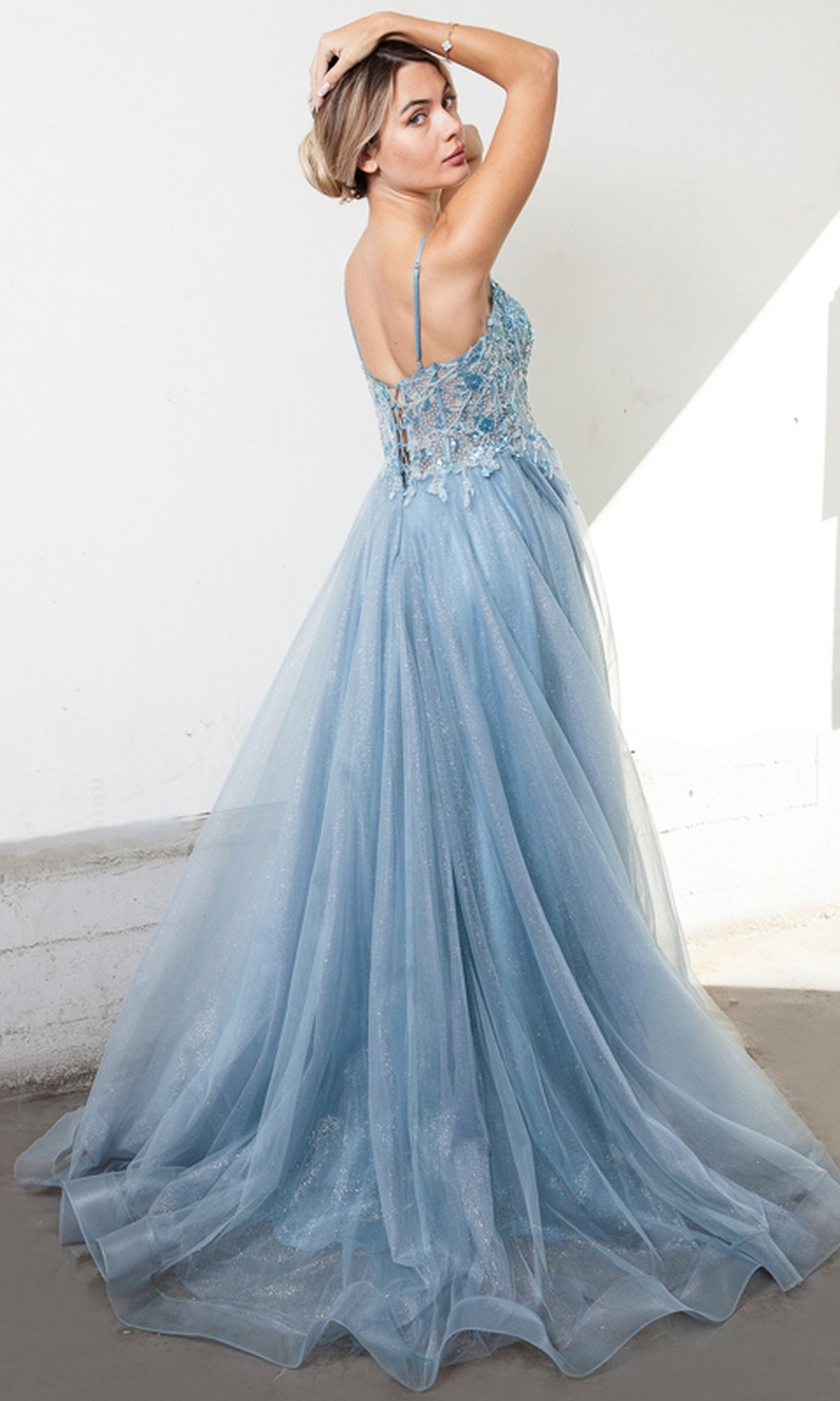 Sheer-Corset Dusty Blue Long Prom Dress TM1004