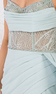 Close-up of the Side Drape Strapless Long Prom Dress TM1005 in light blue, showcasing pleated fabric, beaded and sheer lace detailing on the corset-style bodice, and an elegant off-shoulder-inspired design.