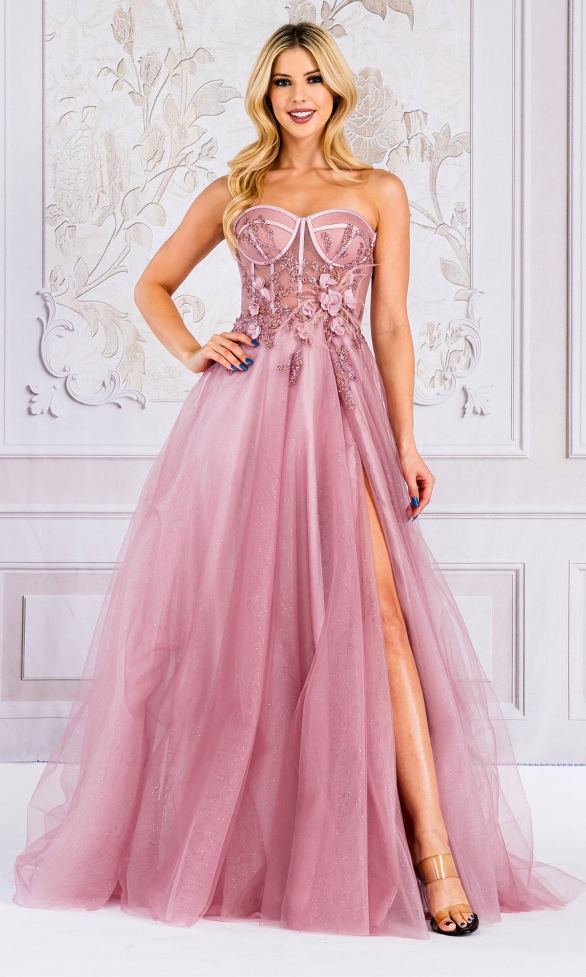 Sheer-Bustier Long Strapless Prom Ball Gown TM1015