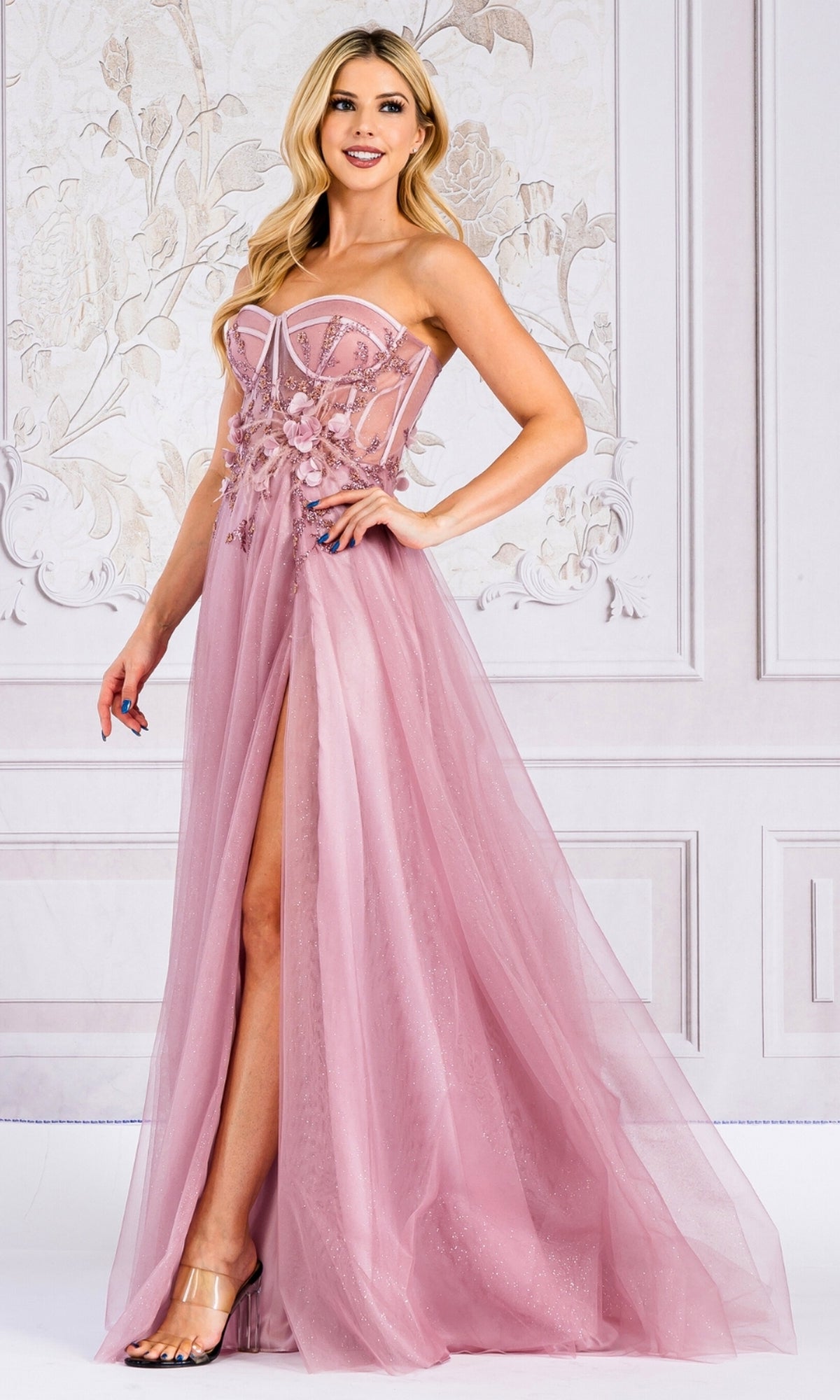 Sheer-Bustier Long Strapless Prom Ball Gown TM1015
