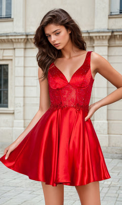 A woman stands outdoors in front of a light building, wearing the Sheer-Lace Corset-Bodice Homecoming Dress 9200 in red, featuring a sleeveless design and fitted bodice with a flared skirt.