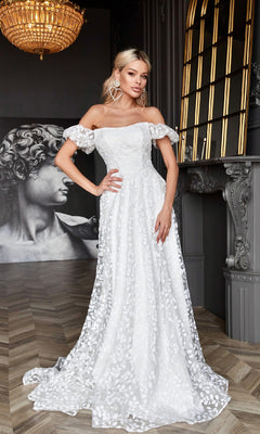 Wearing the Long White Lace Formal Dress: Tina Holly TK023W, a woman stands indoors near ornate decor and a large classical statue.