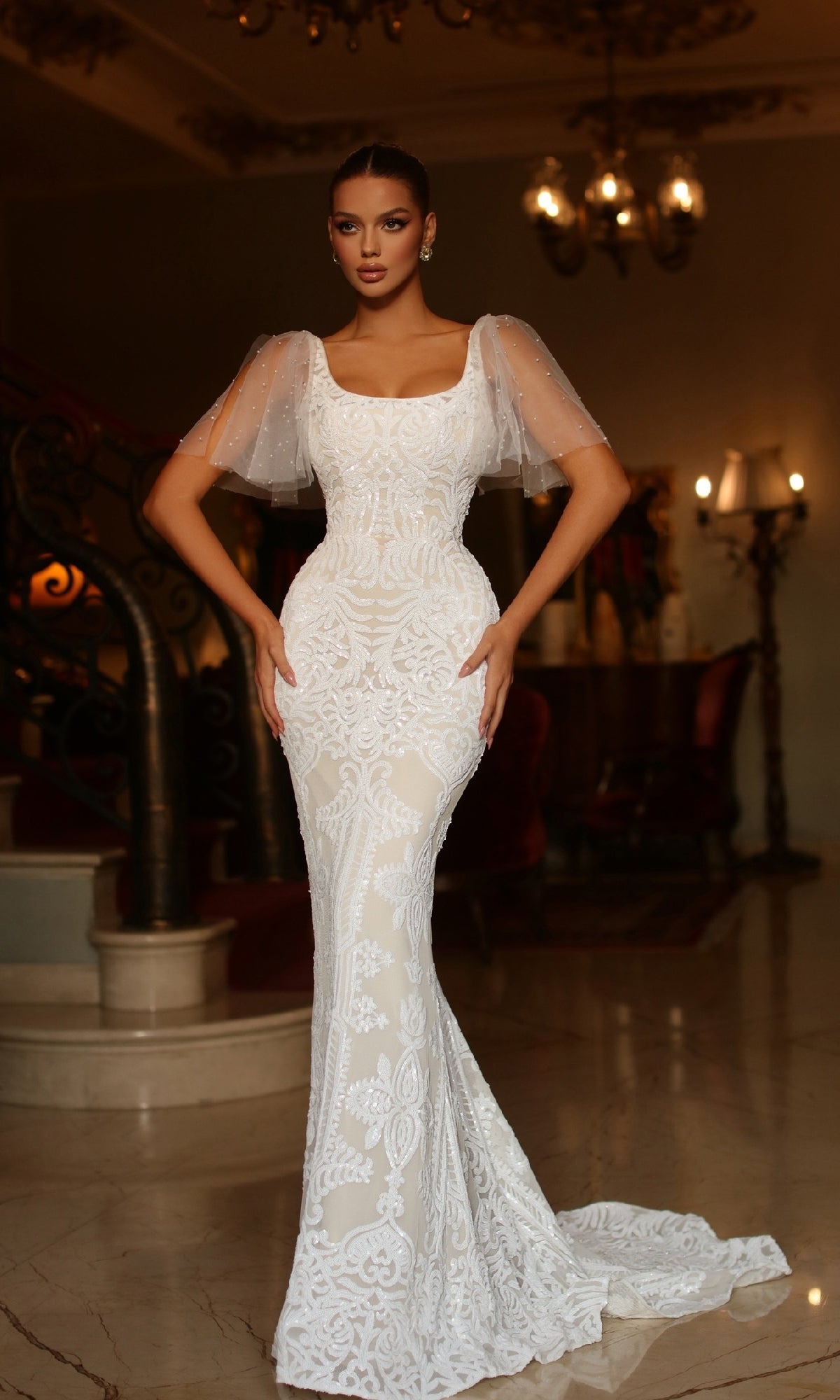 Long White Mermaid Formal Dress with Short Sleeves White/White / 0 Long White Mermaid Formal Dress with Short Sleeves White/White / 0