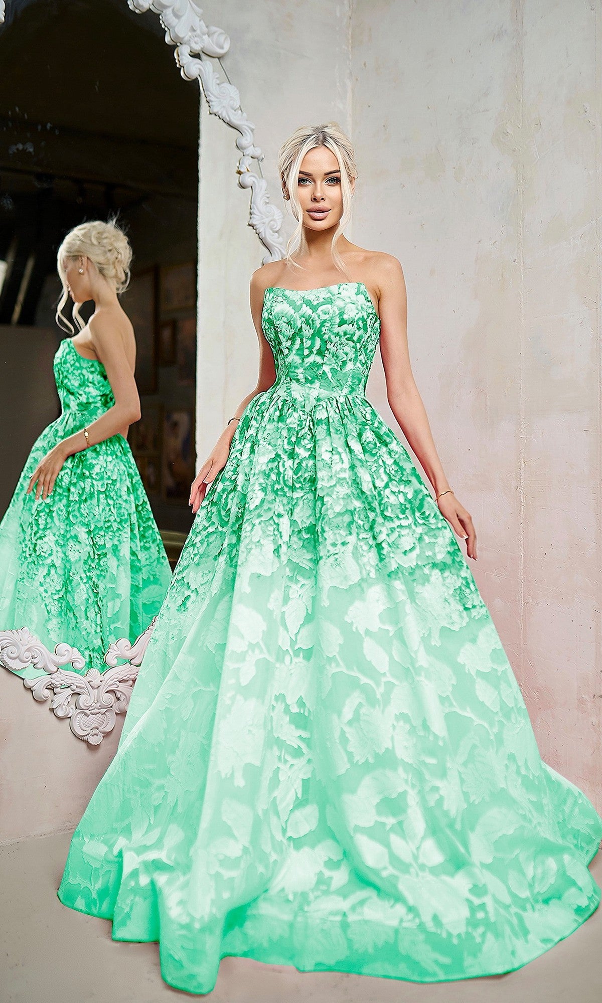 A woman in a strapless A-line Long Formal Dress: Tina Holly TW624, Floral Green, stands by a mirror, highlighting its full skirt and textured floral pattern.