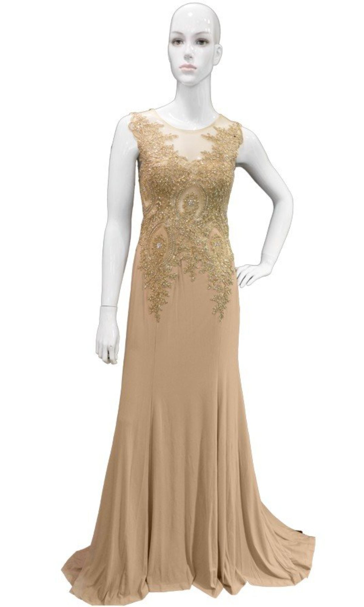 A mannequin displays the Gold-Embroidered Long Prom Dress: Chicas C4233, a sleeveless, floor-length beige gown featuring intricate gold embroidery on the bodice.