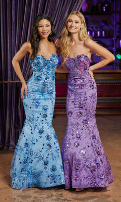 Two women stand side by side indoors, smiling in floor-length Long Prom Dress 16052 by Tiffany—one in light blue, one in lavender—each strapless with sequins and floral details for a dazzling mermaid formal look.