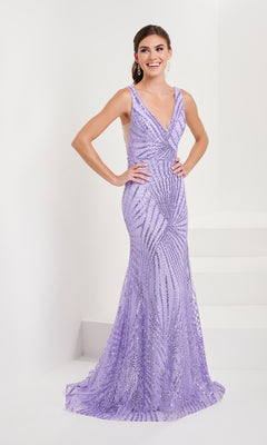 A woman smiles in the Tiffany Open-Back Fitted Sequin Prom Dress 16073, a sleeveless lavender gown with a V-neckline and intricate sequin patterns, posing against a white background.