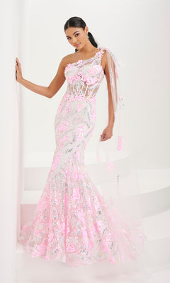 Tiffany One-Shoulder Sequin Sheer Prom Dress 16082 Ivory/Pink Multi / 0