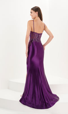 Sheer Corset Beaded Jersey Prom Dress with Slit– PromGirl