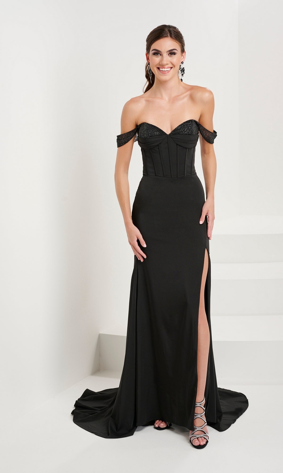 strapless open back dress Off-the-Shoulder Corset Jersey Prom Dress with Slit– PromGirl