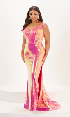 A woman wears the Tiffany Sleeveless Plus-Size Sequin Prom Dress 16128, a fitted, floor-length pink and yellow iridescent gown, while standing on a white platform.