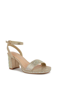 Topaz Champagne Prom Shoes: Touch Ups 4737, featuring champagne-colored ankle-strap block heels with rhinestone embellishments on the toe strap and heel.