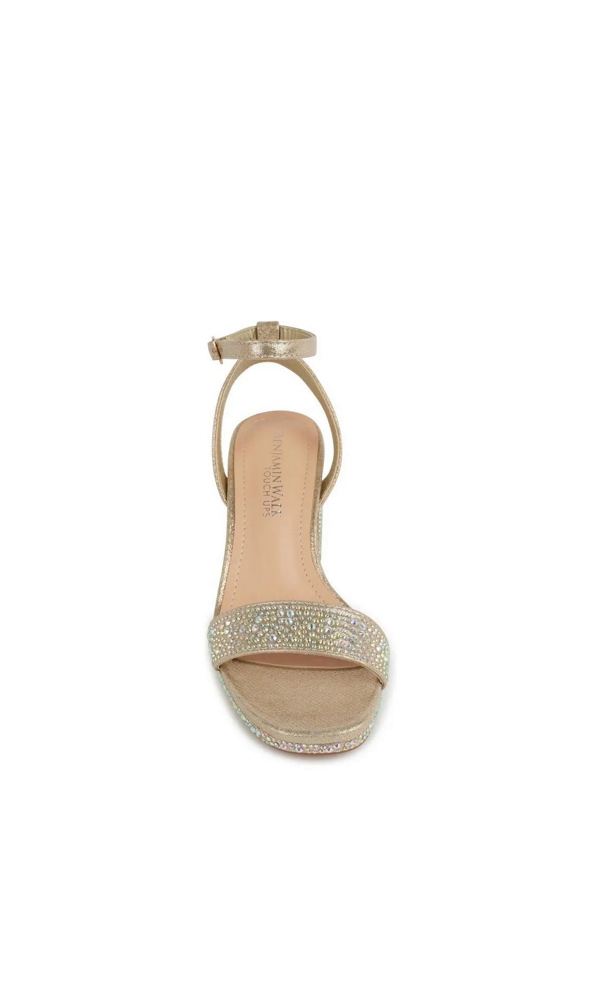 Topaz Champagne Prom Shoes: Touch Ups 4737 gold ankle-strap platform sandal with a rhinestone-embellished toe band.