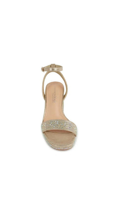 Topaz Champagne Prom Shoes: Touch Ups 4737 gold ankle-strap platform sandal with a rhinestone-embellished toe band.