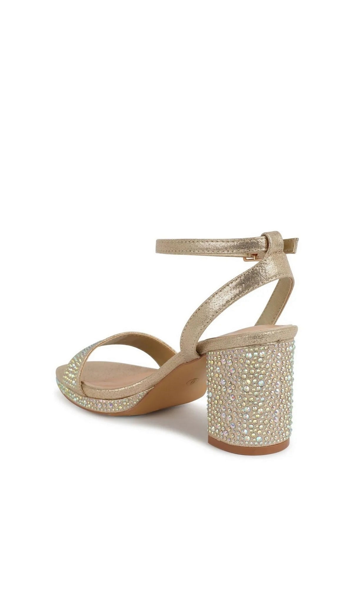 Topaz Champagne Prom Shoes (Touch Ups 4737) featuring gold ankle straps and block heels covered in iridescent rhinestones.