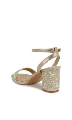 Topaz Champagne Prom Shoes (Touch Ups 4737) featuring gold ankle straps and block heels covered in iridescent rhinestones.