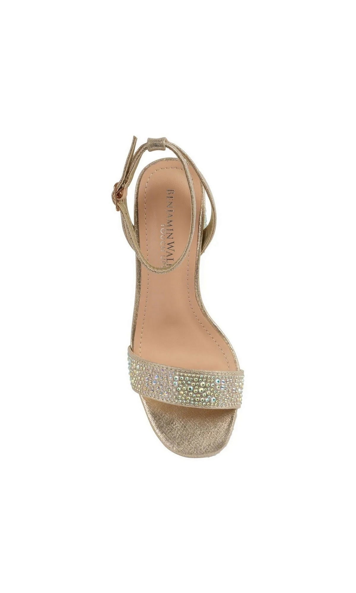 Topaz Champagne Prom Shoes: Touch Ups 4737 champagne-colored block heel shoes featuring an ankle strap and a toe strap embellished with iridescent rhinestones.