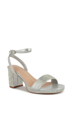 Topaz Silver Platform Prom Shoes: Touch Ups 4736 silver block heel platform sandals with an ankle strap, featuring rhinestone embellishments on the front strap, platform edge, and heel.