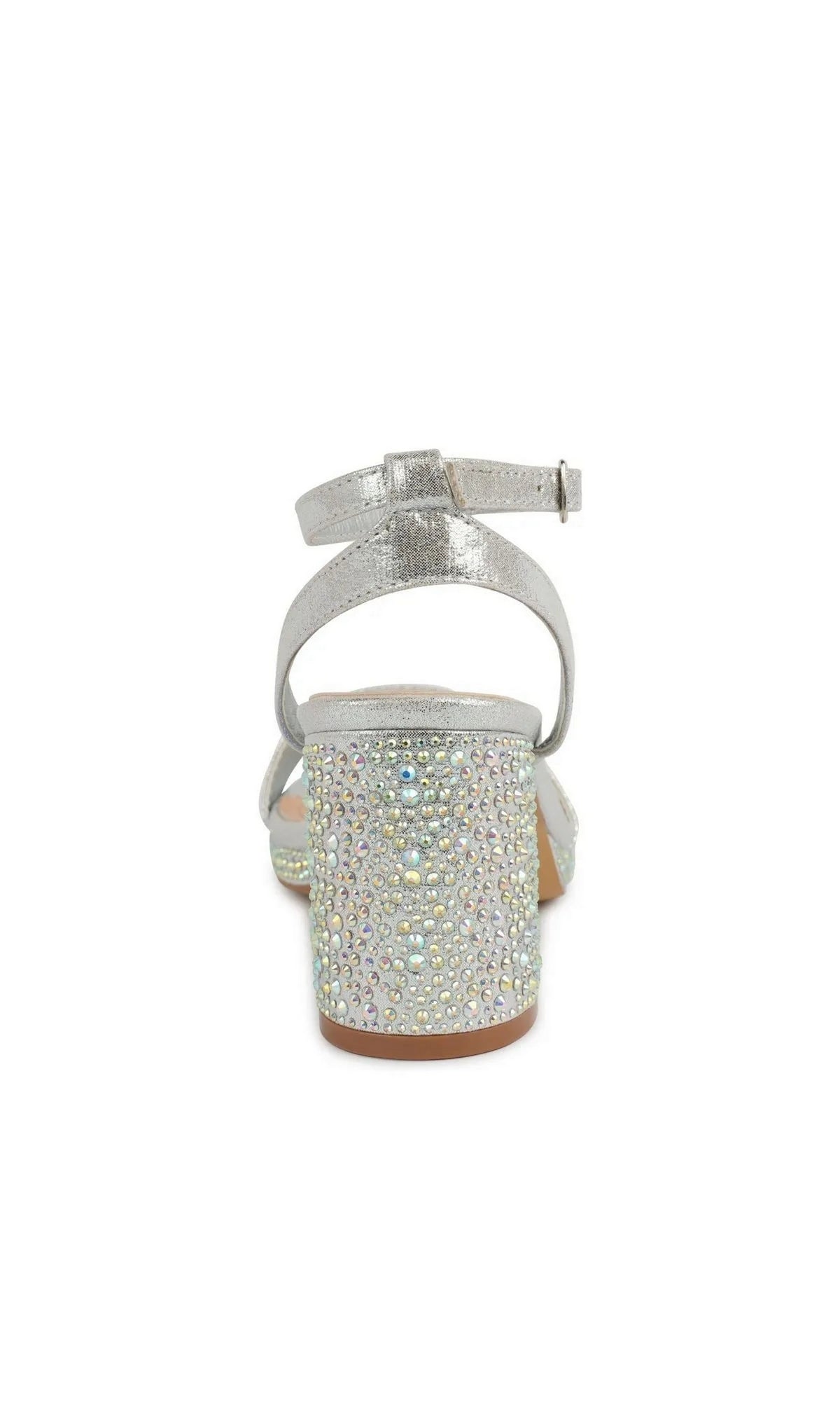 Topaz Silver Platform Prom Shoes: Touch Ups 4736 silver ankle-strap sandal with a block heel covered in iridescent rhinestones.