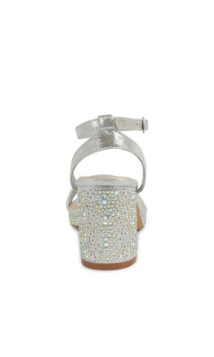 Topaz Silver Platform Prom Shoes: Touch Ups 4736 silver ankle-strap sandal with a block heel covered in iridescent rhinestones.