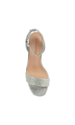 Topaz Silver Platform Prom Shoes: Touch Ups 4736, a silver block heel sandal featuring an ankle strap and a rhinestone-encrusted toe band.