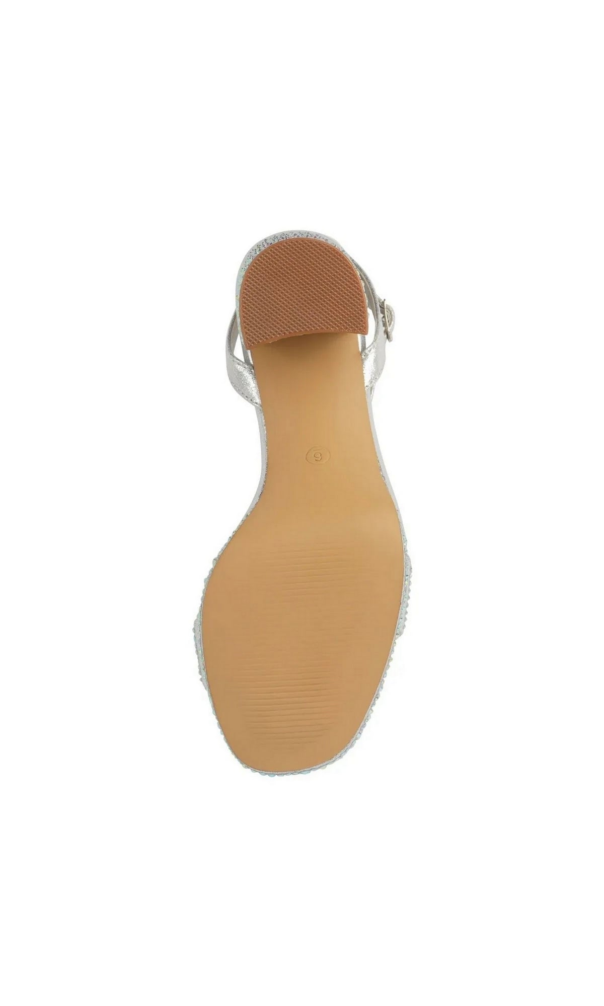 Bottom view of a Topaz Silver Platform Prom Shoes: Touch Ups 4736 silver block heel platform sandal with a textured rubber sole.