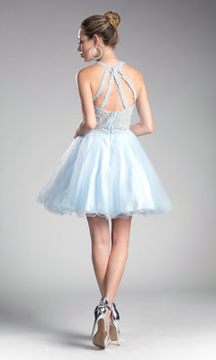 Woman in the High-Neck Short Babydoll Homecoming Dress UJ0119, featuring an embroidered-lace bodice and strappy back, styled with large hoop earrings and silver heels, poses against a plain background.