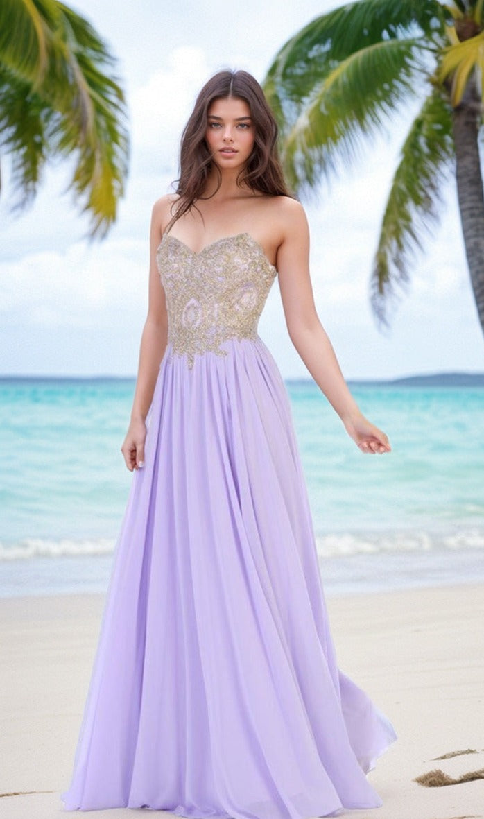Strapless Sweetheart Long Prom Dress with Gold Lace Lilac/Gold / Small