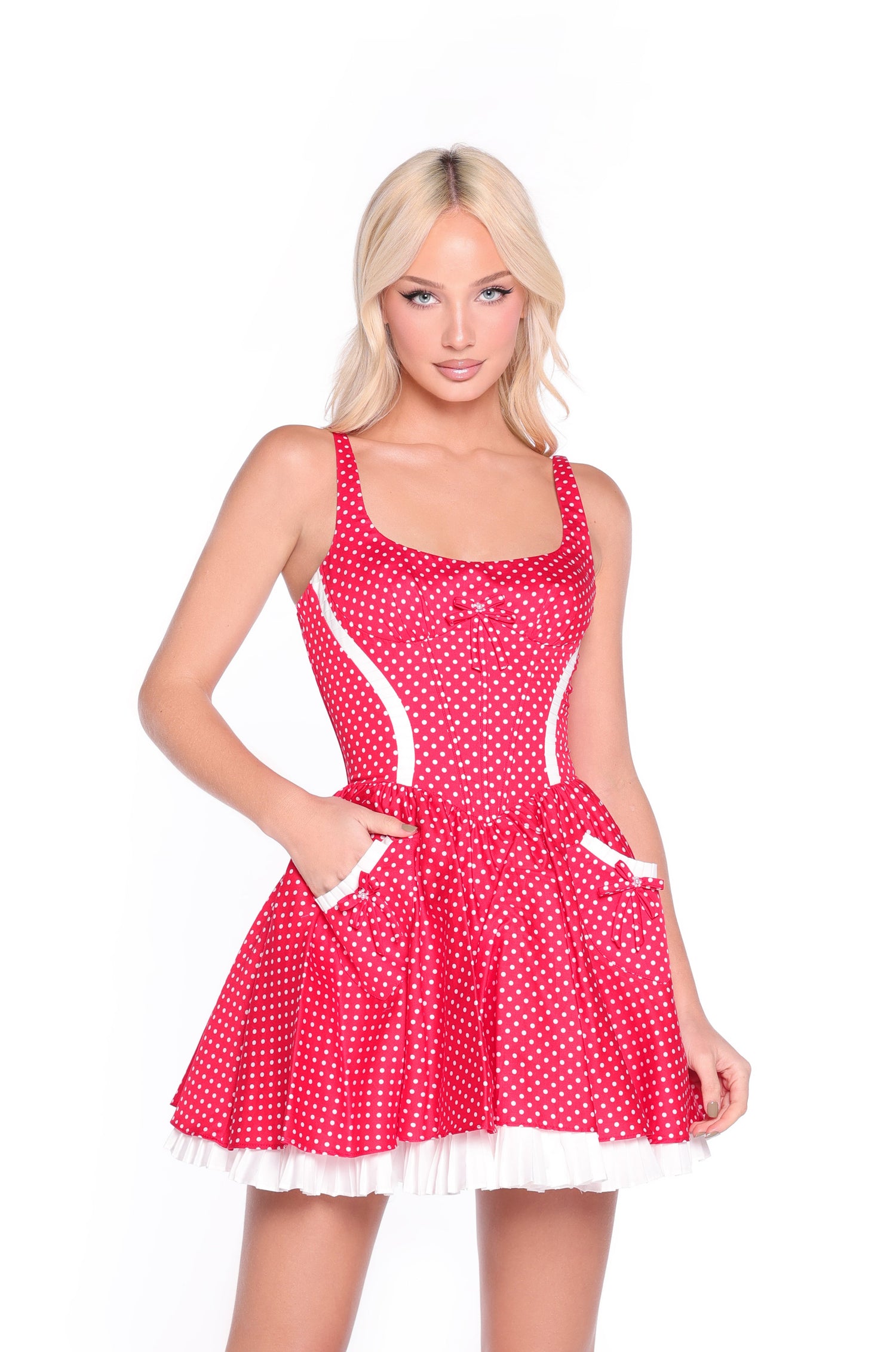 Short Polka Dot Red Casual Summer Dress with Pockets Cherry Red Polka Dot / Small Short Polka Dot Red Casual Summer Dress with Pockets Cherry Red Polka Dot / Small