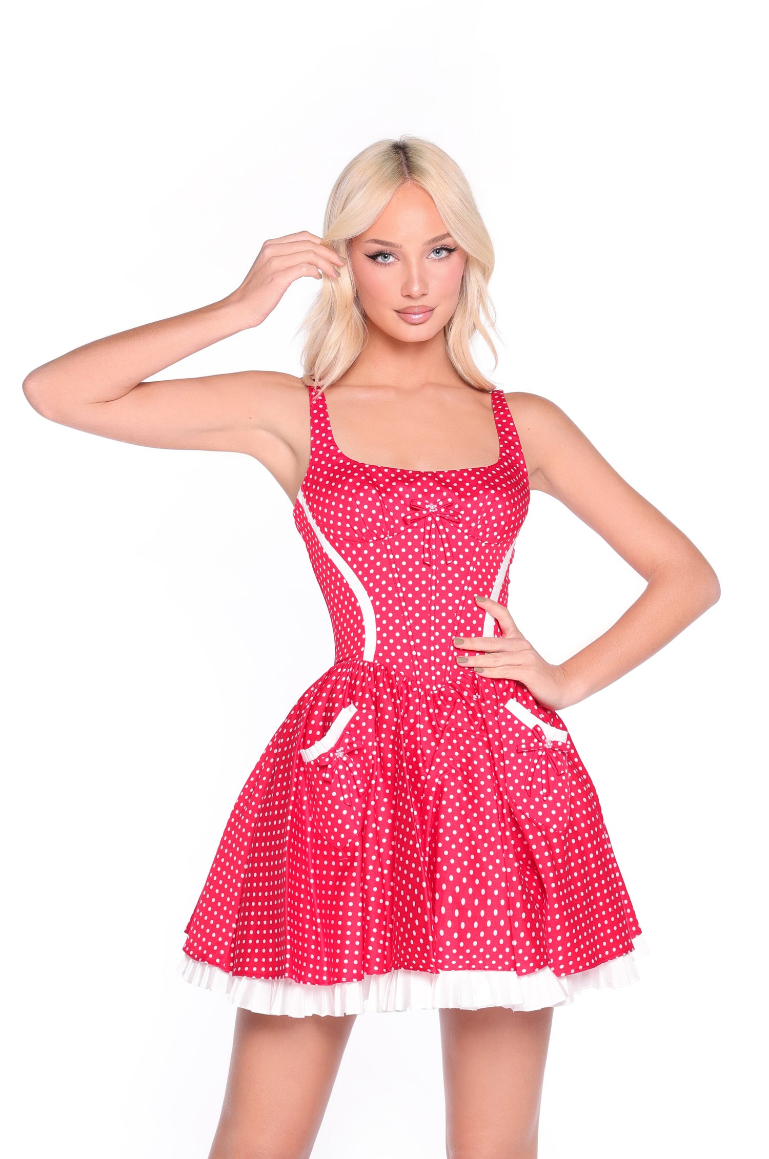 polka dot casual dress Short Polka Dot Red Casual Summer Dress with Pockets Cherry Red Polka Dot / Small