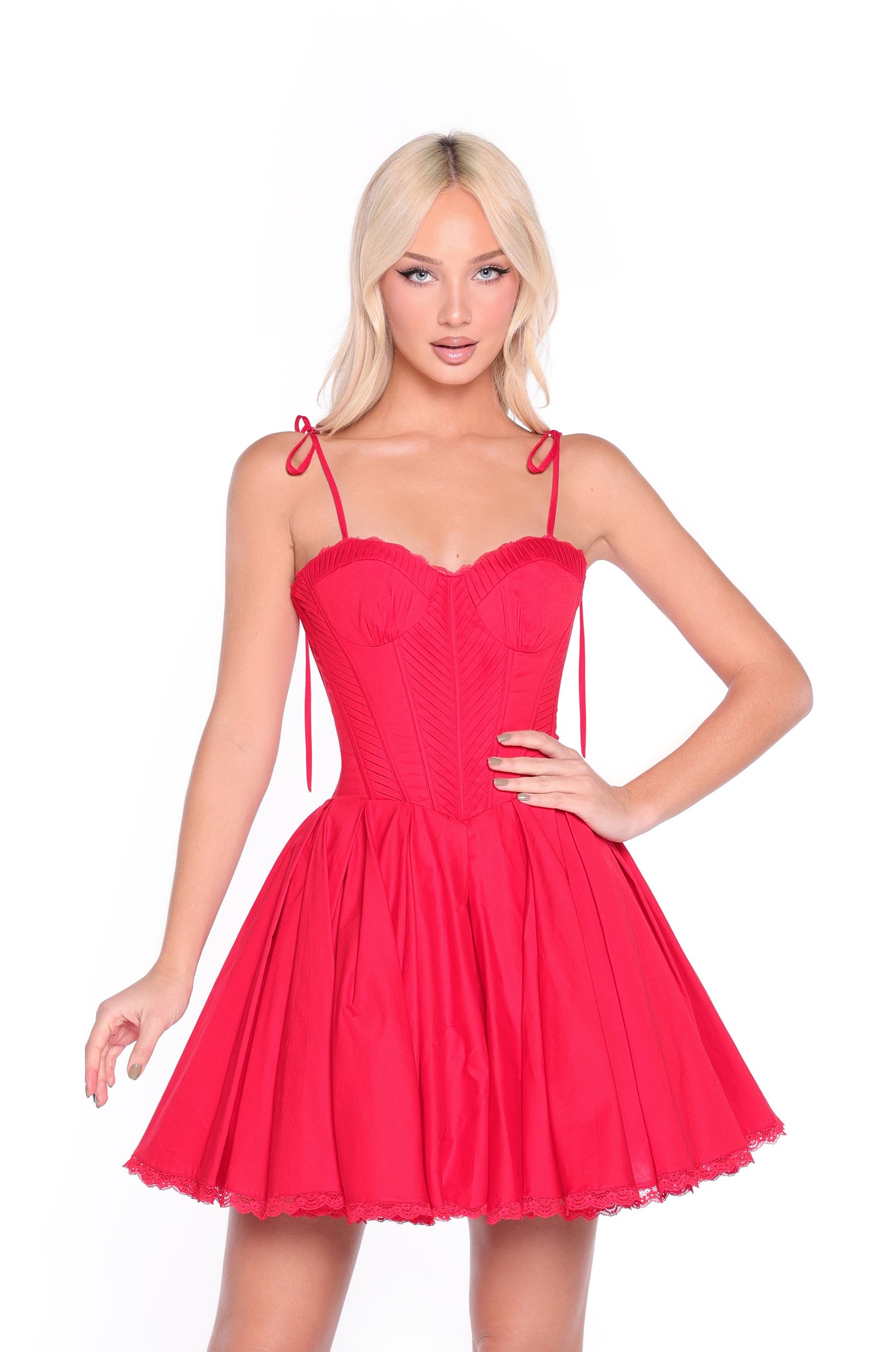 A-Line Short Red Flared Party Dress with Lace Trim Red / Medium
