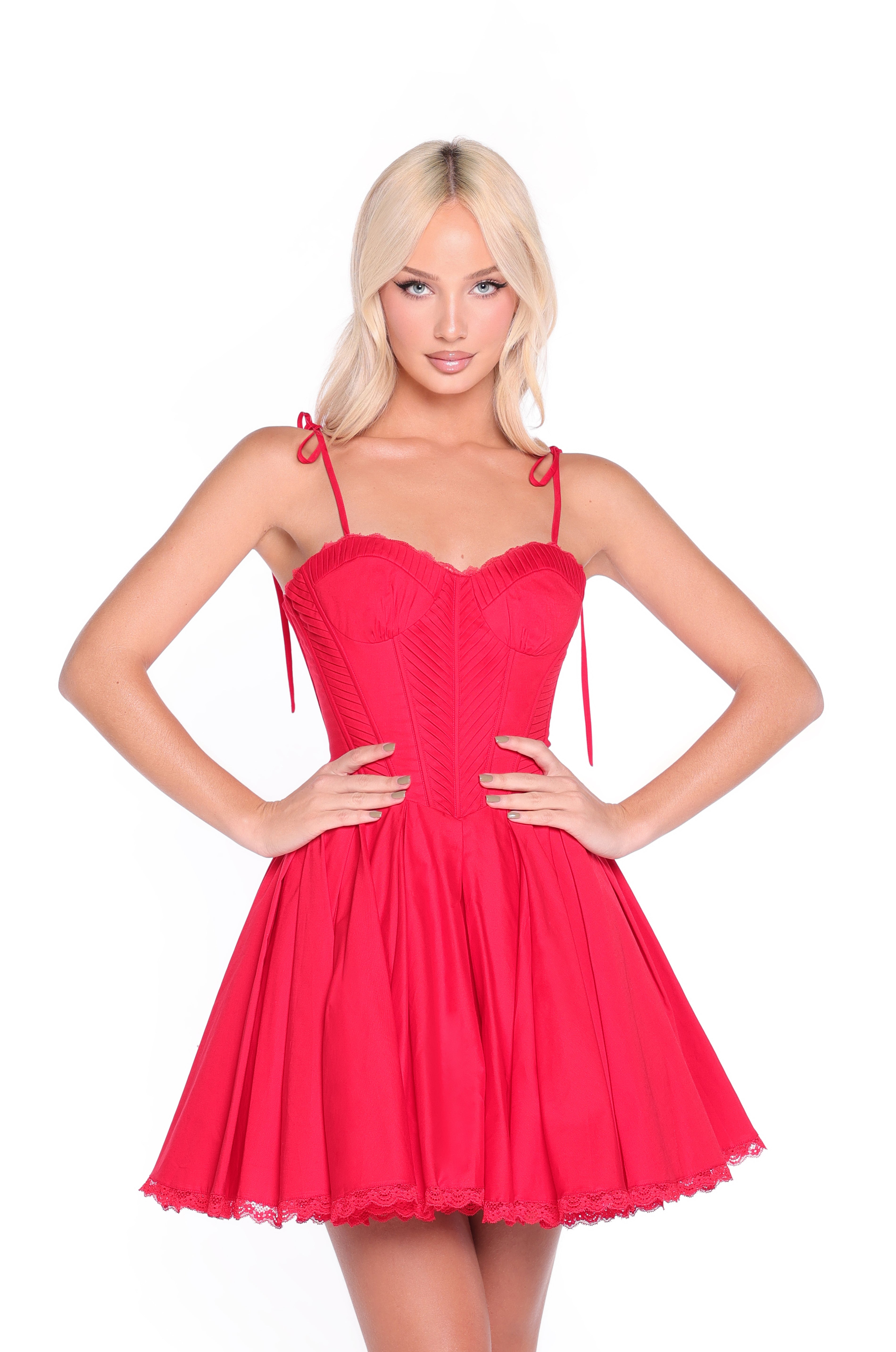 A-Line Short Red Flared Party Dress with Lace Trim Red / Medium
