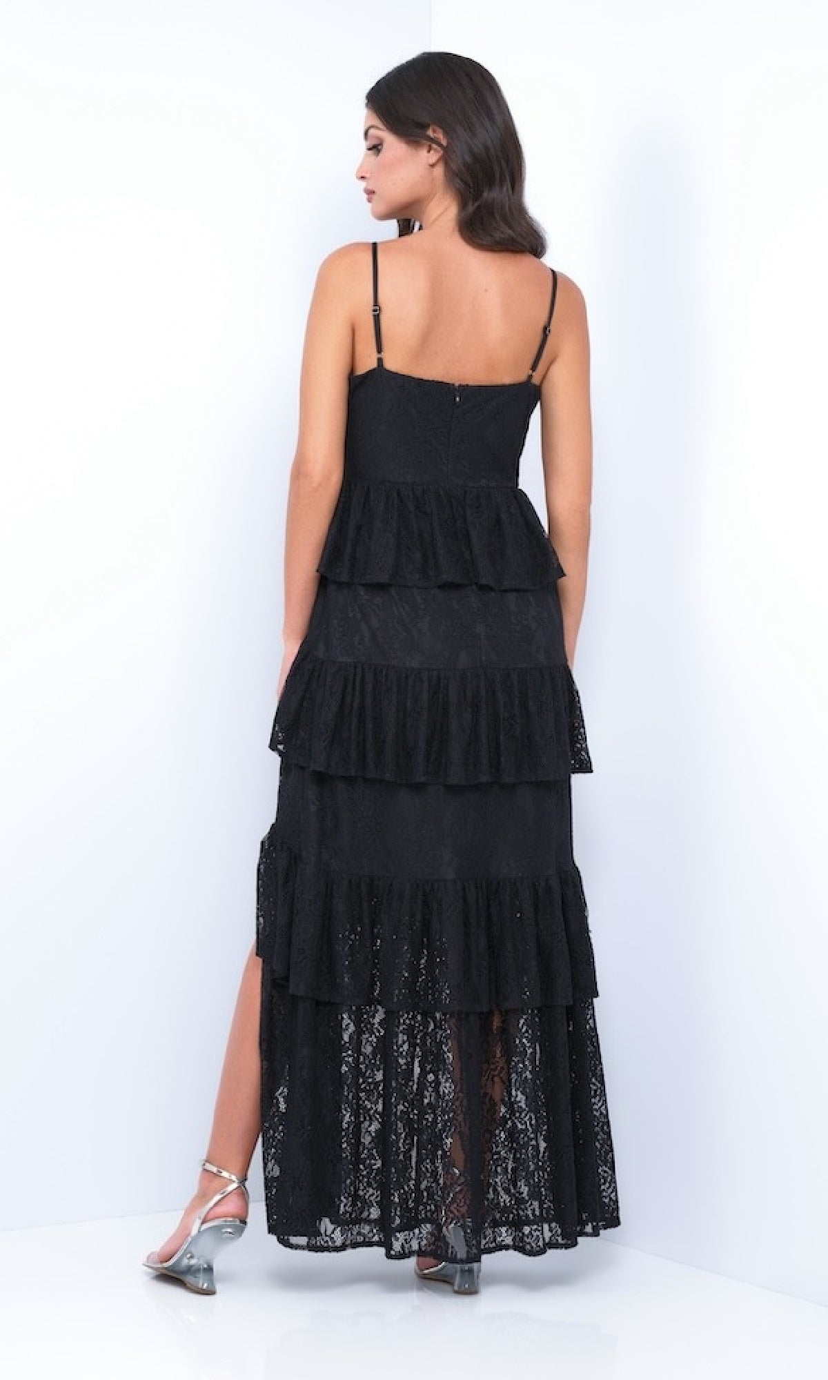 chinese dress ladies Satin Maxi Dress with Lace Trim Slit