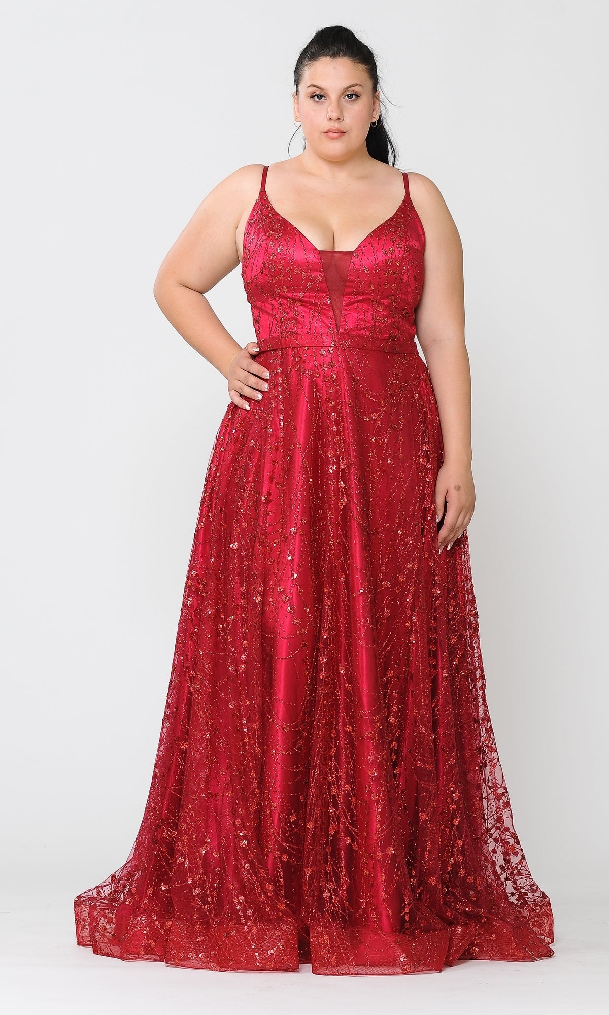 A woman faces forward wearing the Plus-Size Long Glitter-Print Prom Dress W1004—a floor-length, sleeveless red gown with sequin embellishments and a lace-up back—set against a plain white background.