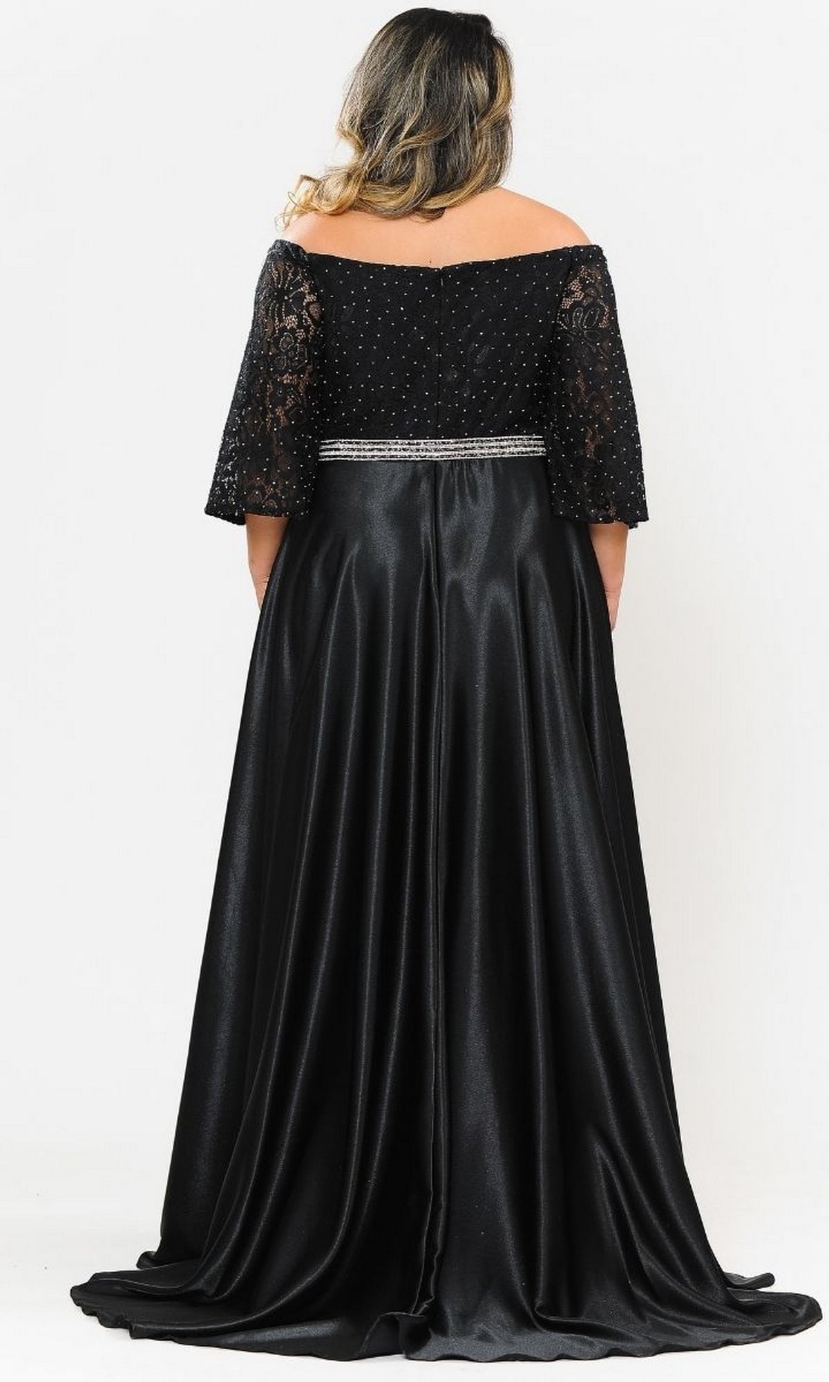 A woman with shoulder-length hair is shown from the back, modeling the Bell-Sleeve Plus-Size Long Prom Dress W1008—an off-the-shoulder black gown with lace sleeves and a jeweled waistband—against a plain white background.