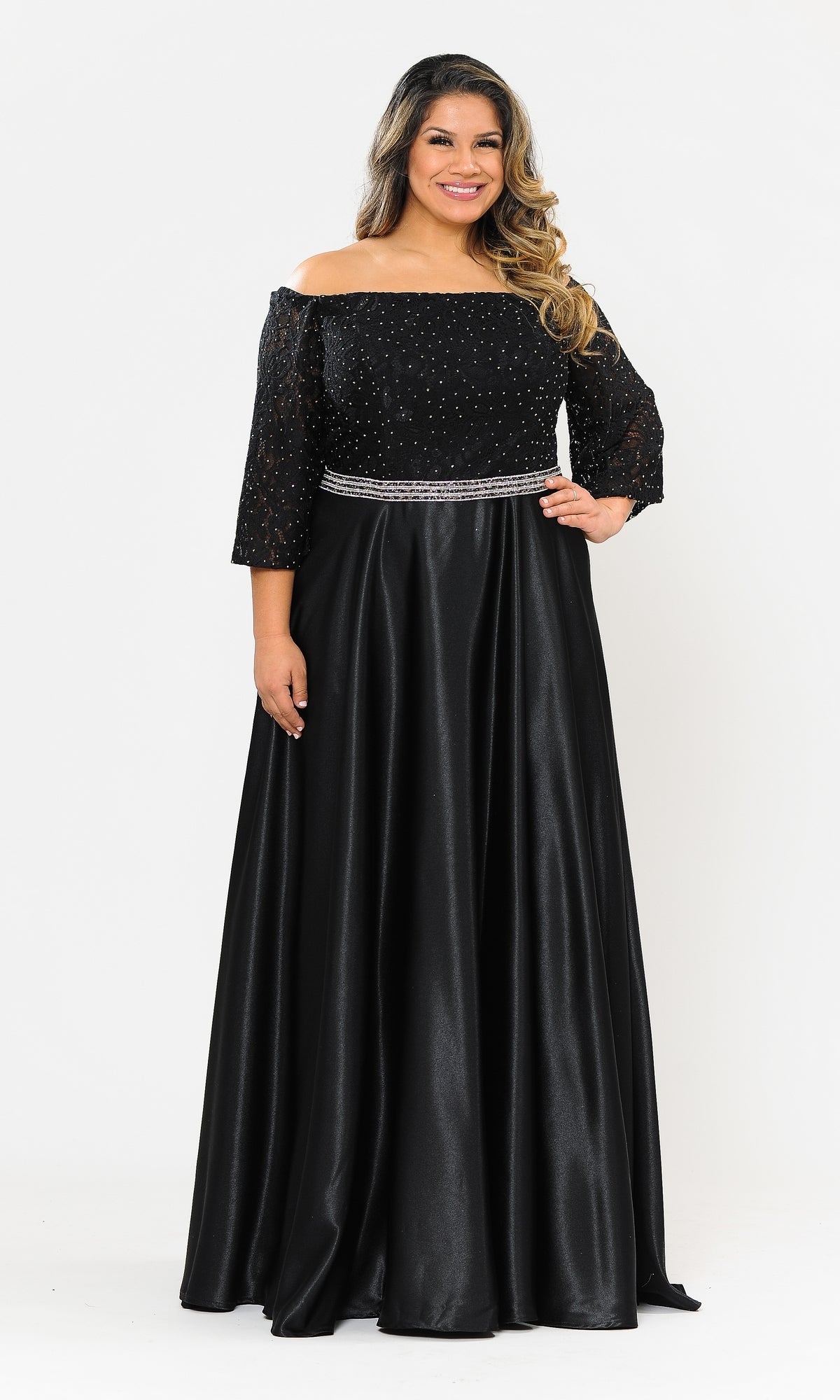 A woman models the Bell-Sleeve Plus-Size Long Prom Dress W1008, an off-shoulder black gown with beaded accents on the bodice and sleeves, posing against a plain white background.