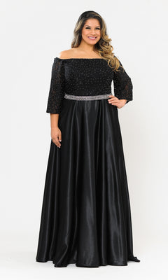 A woman models the Bell-Sleeve Plus-Size Long Prom Dress W1008, an off-shoulder black gown with beaded accents on the bodice and sleeves, posing against a plain white background.