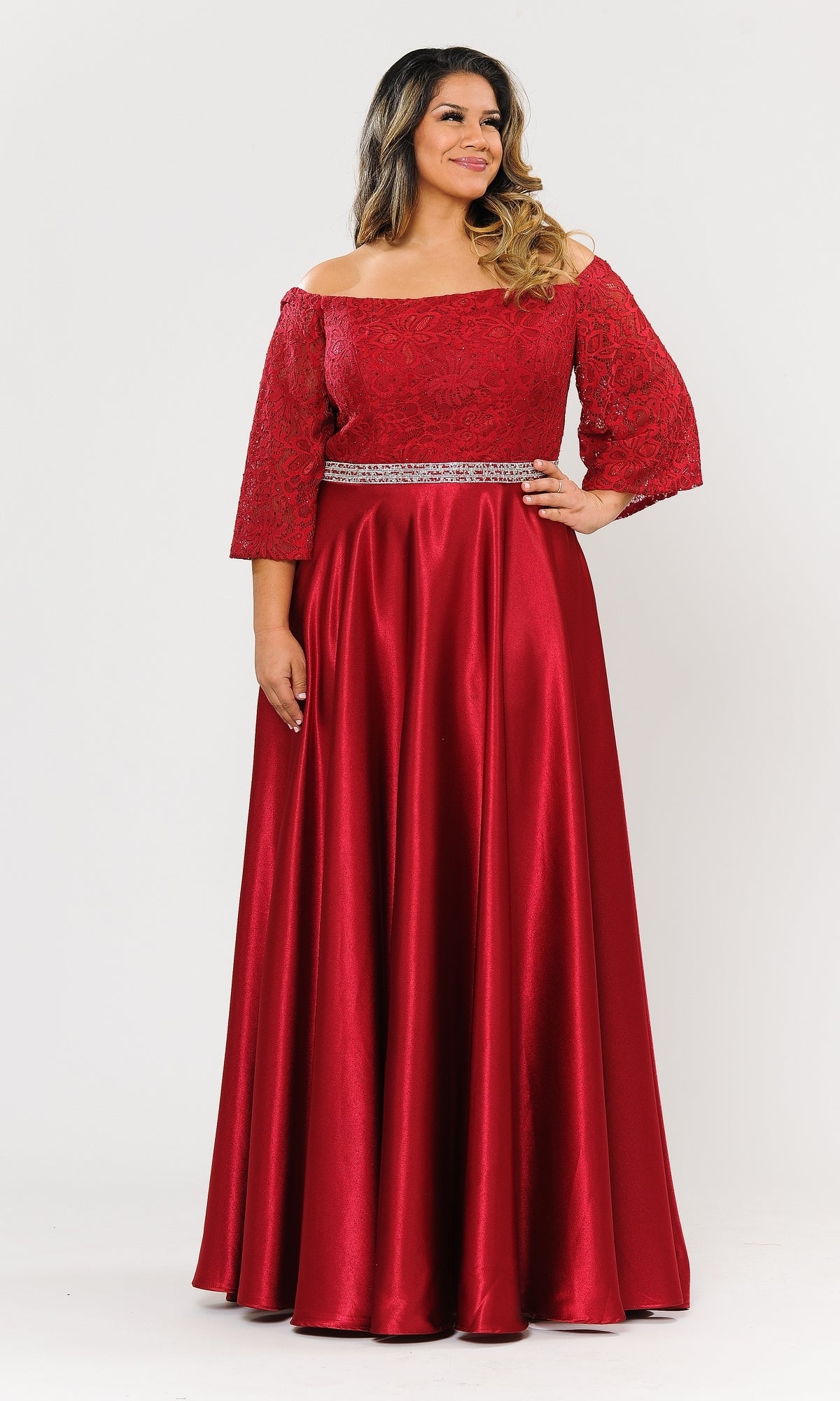 Bell-Sleeve Plus-Size Long Prom Dress W1008