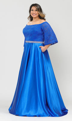 A woman models the Bell-Sleeve Plus-Size Long Prom Dress W1008 in royal blue with lace sleeves and a jeweled belt, standing against a plain white background.