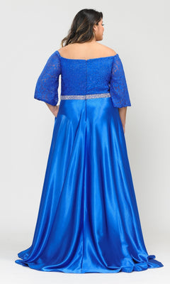 A woman is shown from the back against a plain background wearing the Bell-Sleeve Plus-Size Long Prom Dress W1008, a royal blue off-the-shoulder gown with lace sleeves and a silver belt.