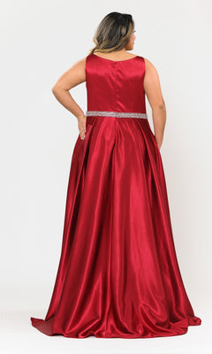 A woman stands facing away in the Sleeveless Plus-Size Long Belted Prom Dress W1010, featuring a red satin finish, silver beaded belt, and pleated floor-length skirt against a white background.
