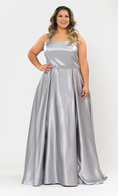 A woman stands smiling against a white background, wearing the Sleeveless Plus-Size Long Belted Prom Dress W1010, featuring a square neckline and embellished waistband.