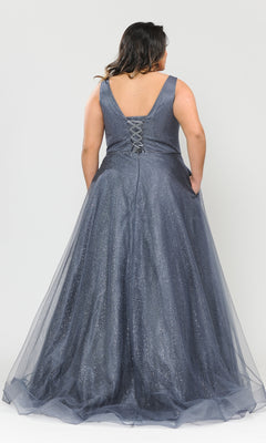 A woman models the Glitter-Tulle Plus-Size Long Prom Gown W1024, a sleeveless floor-length dress with V-back and lace-up detail, shown from behind against a plain background.
