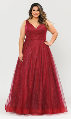 A woman smiles with one hand on her hip, modeling the Glitter-Tulle Plus-Size Long Prom Gown W1024 in sparkling red against a plain white background.